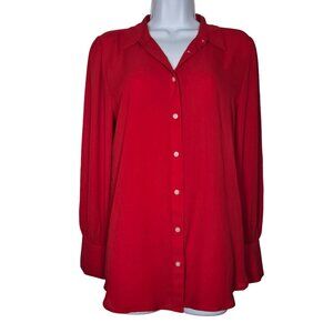 Loft Chiffon Long Puff Sleeve Blouse Button Front Collar Red Women Size M